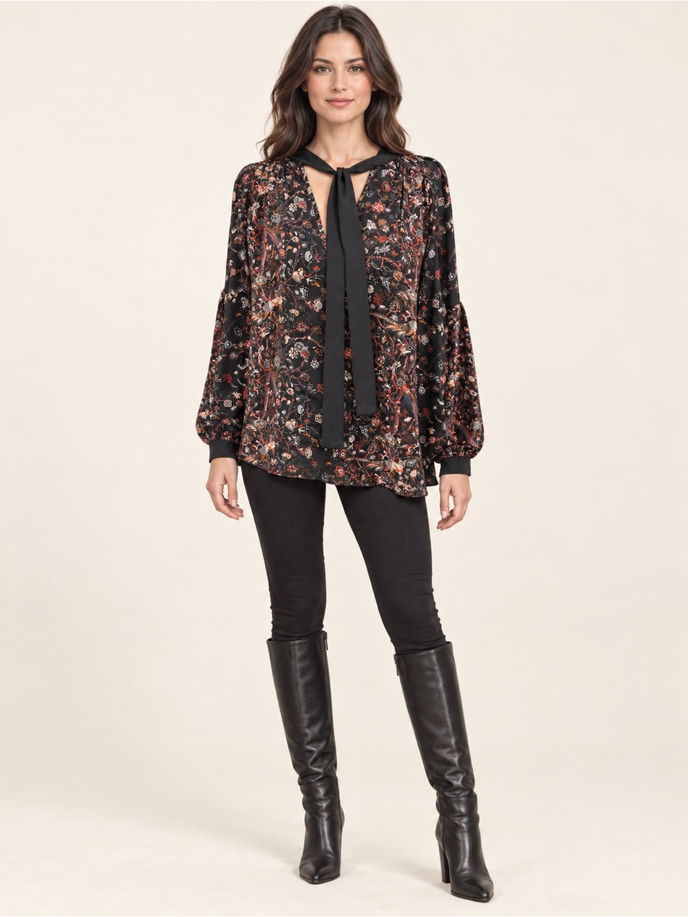 Ulla Johnson Black Floral Tie-Neck Blouse with Ribbon